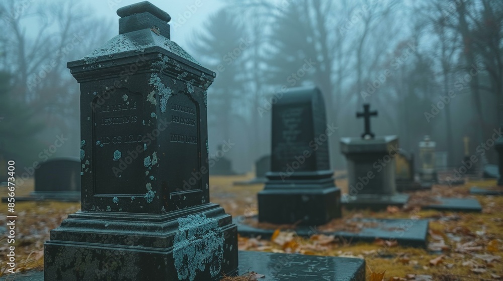 Obraz premium Cemetery with Gravestones in the Fog