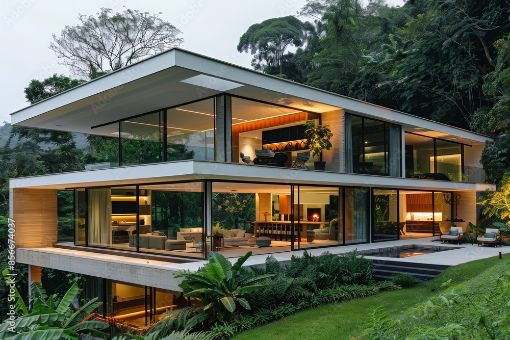 Fototapeta premium Unique modern house with huge glass windows surrounded by the jungle