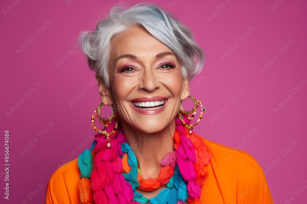 Mature middle aged stylish modern woman wearing bright colored neon cloths in flat background, Short hair smiling happy woman wearing fancy jewelries & neck wrapped by a scarf, Granny Model concept Mature middle aged stylish modern woman wearing bright colored neon cloths in flat background, Short hair smiling happy woman wearing fancy jewelries & neck wrapped by a scarf, Granny Model concept
