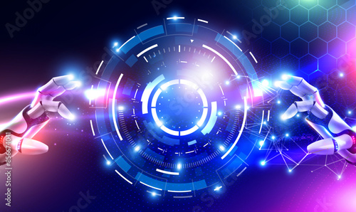 Futuristic technology robot touch on glowing HUD circle. Robot touching on big data network connection, Science and artificial intelligence technology, innovation and futuristic, AI, Machine learning.