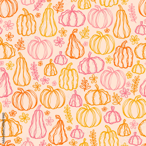 Beautiful pumpkin halloween thanksgiving seamless pattern, cute cartoon pumpkins hand drawn background, great for seasonal textile prints, holiday banners, backdrops or wallpapers - vector surface