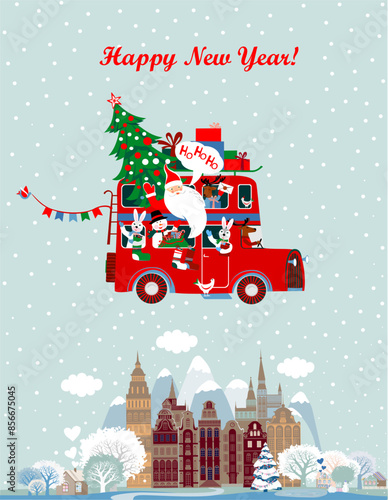 Winter travel. Travel to World. Vacation. Road trip. Tourism. Journey. Travelling illustration. Merry Christmas banners in flat style. Festive Christmas bus with Santa and cute animals. Holiday trip 