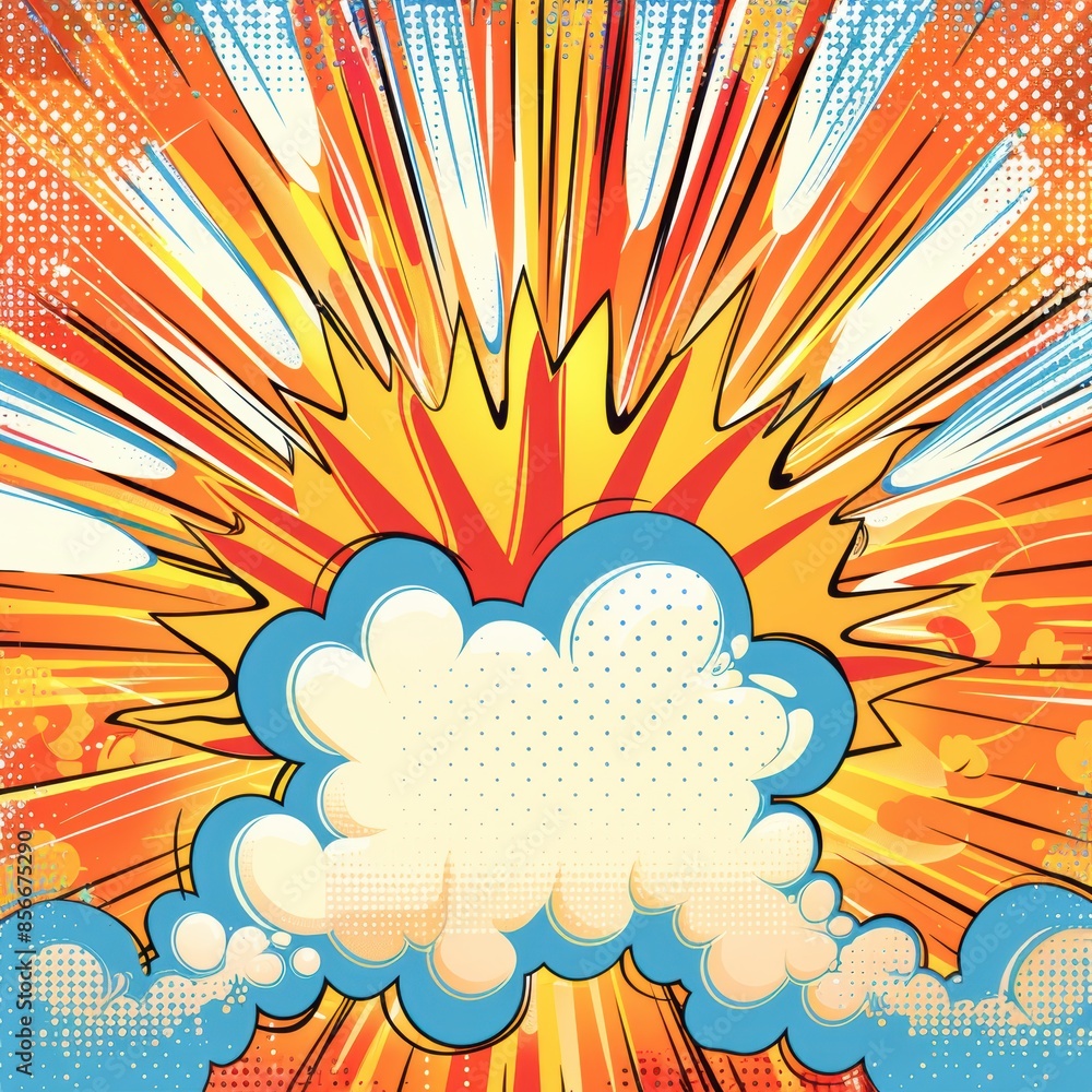 Bright, colorful comic explosion with a central speech bubble, bursting clouds, and dramatic lines, perfect for high-energy advertisements and promotions Bright, colorful comic explosion with a central speech bubble, bursting clouds, and dramatic lines, perfect for high-energy advertisements and promotions