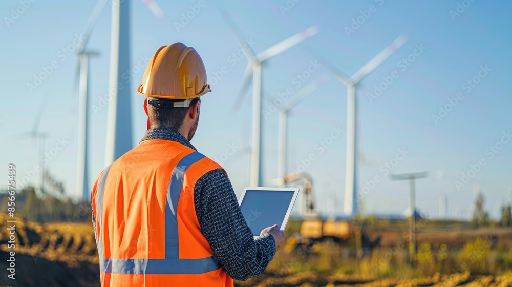Innovative Engineer Monitoring Wind Farm with Tablet Against Clear Blue Sky Innovative Engineer Monitoring Wind Farm with Tablet Against Clear Blue Sky