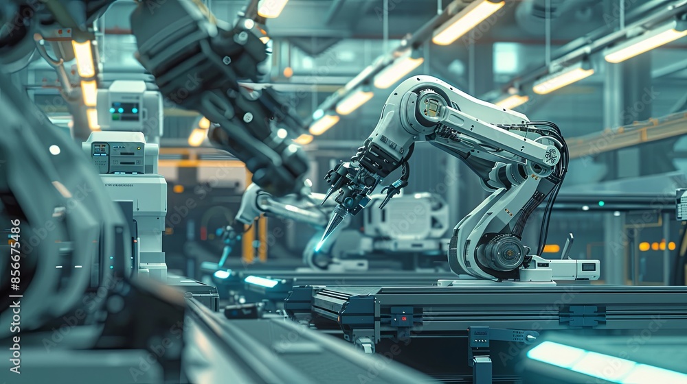 A close-up view of a high-tech manufacturing plant featuring robotic arms and automated systems. Generative AI A close-up view of a high-tech manufacturing plant featuring robotic arms and automated systems. Generative AI