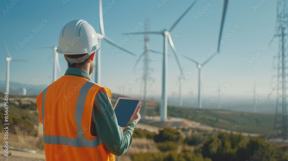 Future of Renewable Energy - Engineer Monitoring Wind Farm with Tablet in Hand Under Blue Sky Future of Renewable Energy - Engineer Monitoring Wind Farm with Tablet in Hand Under Blue Sky