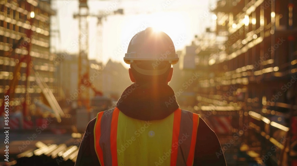 Determined engineer overseeing construction site with cranes and scaffolding in background under bright daylight Determined engineer overseeing construction site with cranes and scaffolding in background under bright daylight
