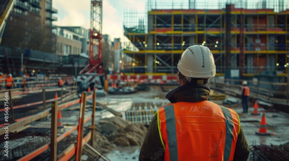 Dedicated Engineer at Construction Site with Cranes in Background Dedicated Engineer at Construction Site with Cranes in Background