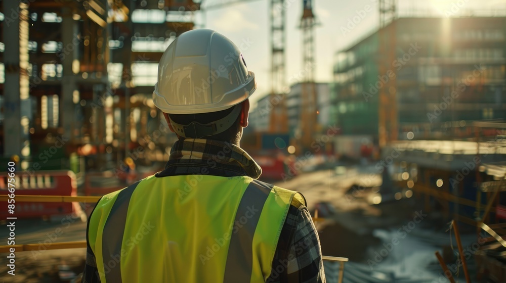 Determined Engineer at Construction Site with Cranes and Scaffolding in Background Determined Engineer at Construction Site with Cranes and Scaffolding in Background