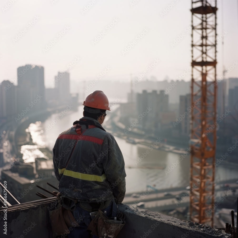 Engineer Surveying Bridge Construction Over River with Cityscape View - Industrial Progress Concept Engineer Surveying Bridge Construction Over River with Cityscape View - Industrial Progress Concept