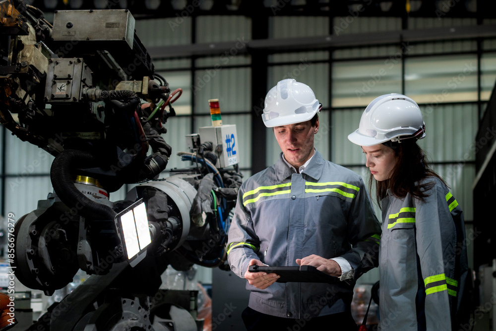 team engineers inspecting on machine with smart tablet. Worker works at heavy machine robot arm. The welding machine with a remote system in an industrial factory. Artificial intelligence concept. team engineers inspecting on machine with smart tablet. Worker works at heavy machine robot arm. The welding machine with a remote system in an industrial factory. Artificial intelligence concept.