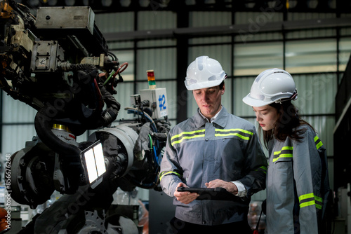 team engineers inspecting on machine with smart tablet. Worker works at heavy machine robot arm. The welding machine with a remote system in an industrial factory. Artificial intelligence concept.