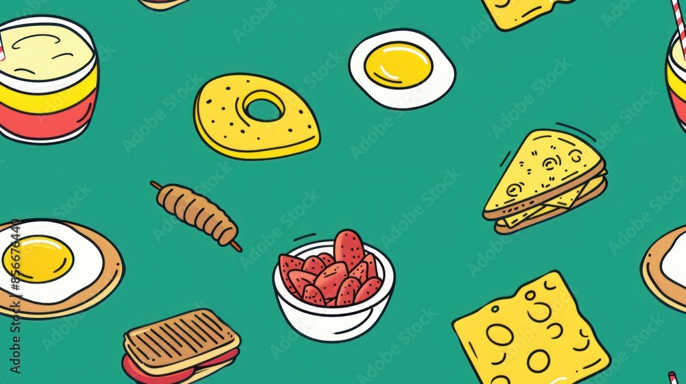 Colorful Cartoon Illustration of Various Breakfast Foods Colorful Cartoon Illustration of Various Breakfast Foods