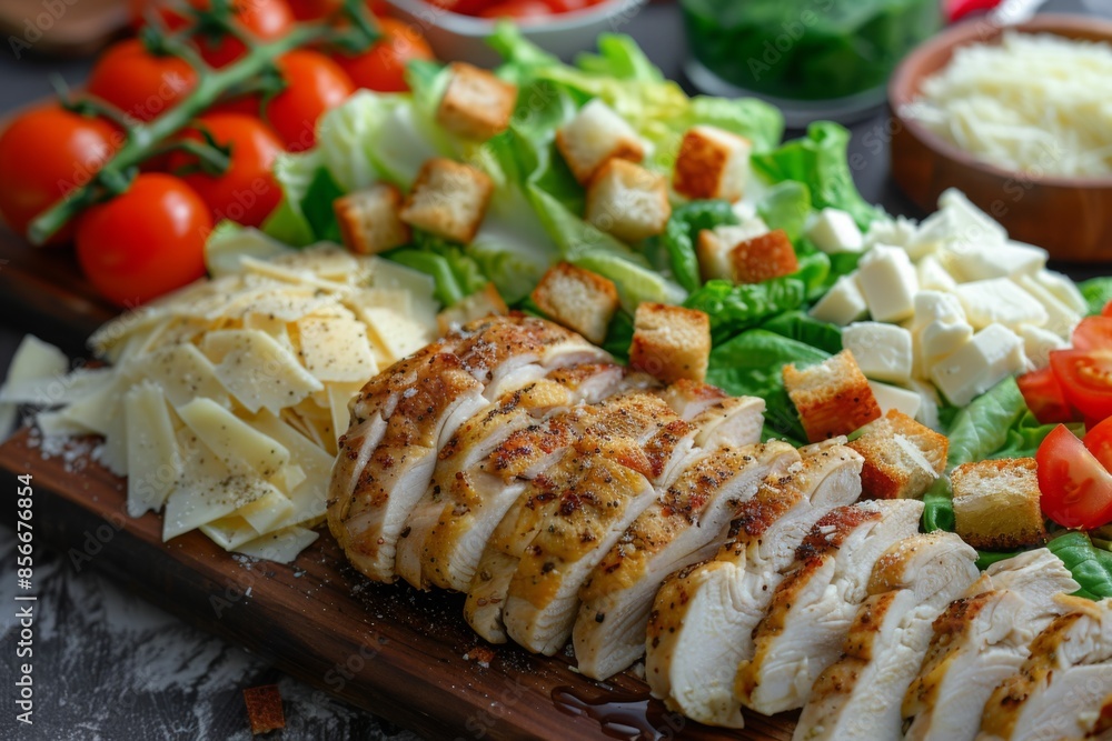 Wooden cutting board displaying sliced chicken and fresh vegetables for preparing Caesar salad Wooden cutting board displaying sliced chicken and fresh vegetables for preparing Caesar salad