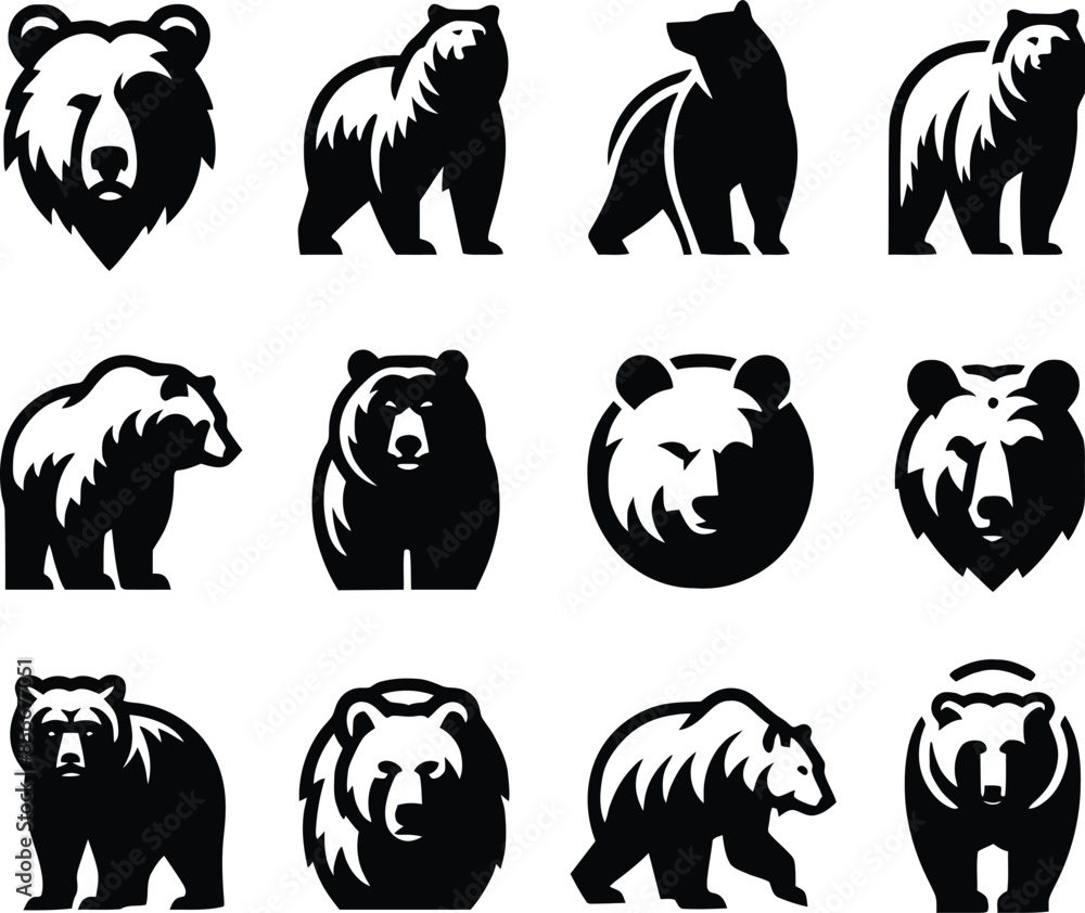 Obraz premium Bear silhouette, various poses of bear, standing, walking, sitting, wildlife, nature, animal, black, outline, wild, mammal, grizzly bear collection