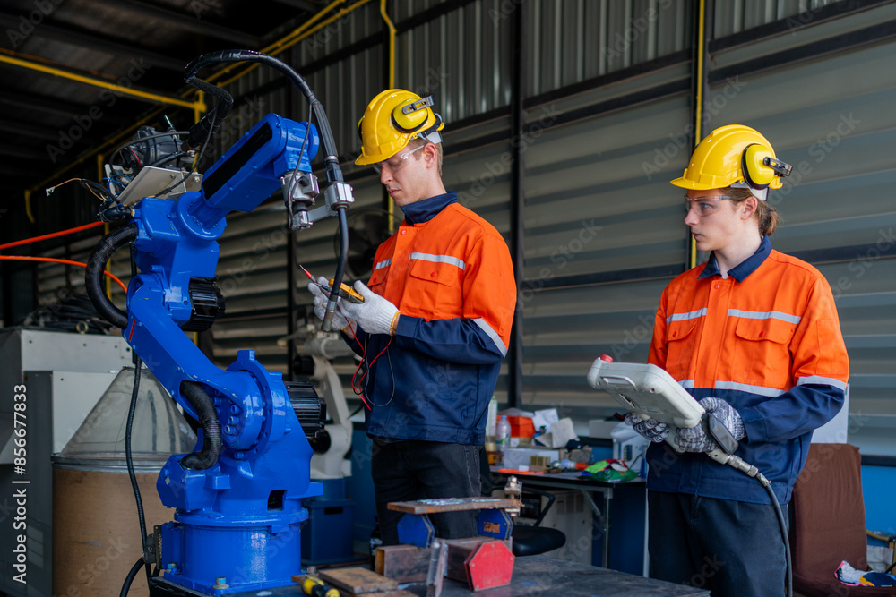 group of male engineer workers maintenance automatic robotic arm ...