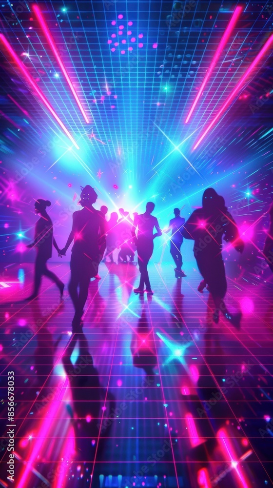 Vibrant 80s dance party scene with neon lights, geometric patterns, and stylish figures, ideal for creating a retro party atmosphere Vibrant 80s dance party scene with neon lights, geometric patterns, and stylish figures, ideal for creating a retro party atmosphere