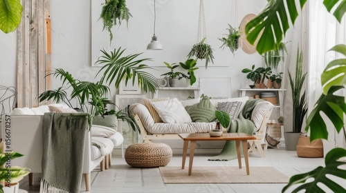 An urban jungle retreat-inspired living room design featuring a white canvas backdrop, Styled with minimalist urban jungle furniture arrangements, Urban jungle minimalist style