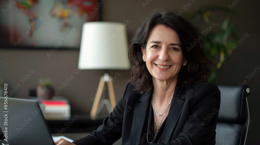 a mature smiling caucasian businesswoman is sitting at his laptop in the office a mature smiling caucasian businesswoman is sitting at his laptop in the office