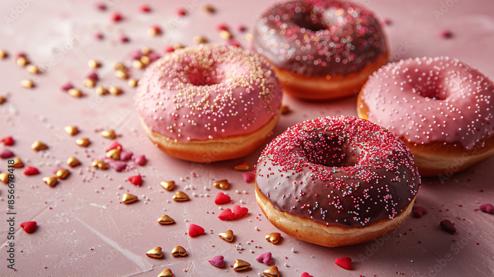 Donuts with gold, red, pink hearts sprinkles on dusty rose pink background, homemade sweets for valentines concept. Donuts with gold, red, pink hearts sprinkles on dusty rose pink background, homemade sweets for valentines concept.