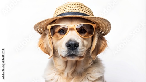 Adorable golden retriever puppy dressed in trendy summer outfit, wearing straw hat and cool shades, posed on transparent background, exuding playful charm. photo