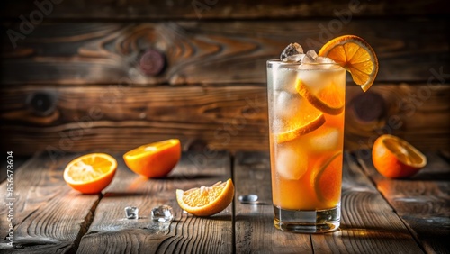 Vibrant orange-hued cocktail in a collins glass garnished with a slice of orange, sparkling wine, and a splash of soda water on a rustic wood table. photo