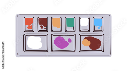 Paint palette. Paintbox, drawing colors. Art tool for watercolor painting. Di...