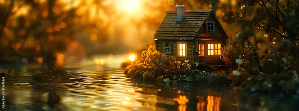 Naklejka premium A miniature riverside cabin basks in the glow of the setting sun, its warm lights casting a welcoming glow across the tranquil waters of the winding river