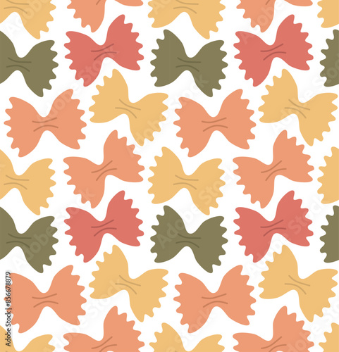 Seamless pattern with colorful farfalle pasta. Vector cartoon background in flat style.	