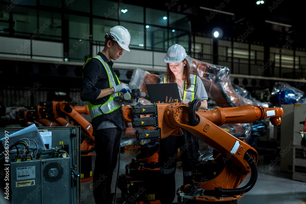 team engineers inspecting on machine with smart tablet. Worker works at heavy machine robot arm. The welding machine with a remote system in an industrial factory. Artificial intelligence concept. team engineers inspecting on machine with smart tablet. Worker works at heavy machine robot arm. The welding machine with a remote system in an industrial factory. Artificial intelligence concept.