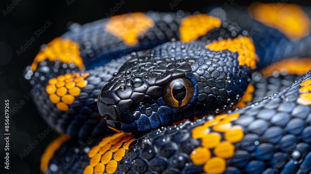 Fototapeta premium Close-Up of a Striking Coral Snake, Poisonous and Vividly Patterned, Poisonous and Vividly Patter