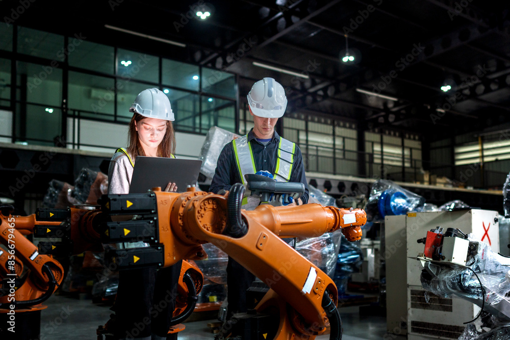 team engineers inspecting on machine with smart tablet. Worker works at heavy machine robot arm. The welding machine with a remote system in an industrial factory. Artificial intelligence concept. team engineers inspecting on machine with smart tablet. Worker works at heavy machine robot arm. The welding machine with a remote system in an industrial factory. Artificial intelligence concept.