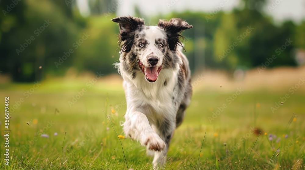 blue merle border collie runs outdoors on a large grass field blue merle border collie runs outdoors on a large grass field
