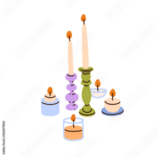 Candles in candleholder, candlestick. Cozy modern light decoration with warm fire flame, candlelight. Decorative pillars in trendy hygge style. Flat vector illustration isolated on white background
