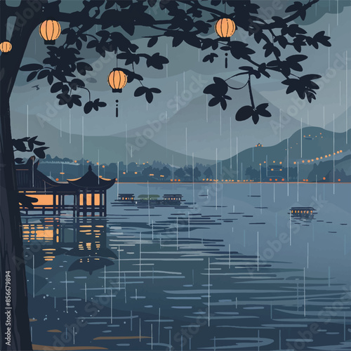 Serene Rainy Lakeside Night