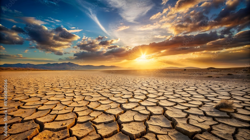 Cracked Earth at Sunset with a Distant Mountain Range Cracked Earth at Sunset with a Distant Mountain Range