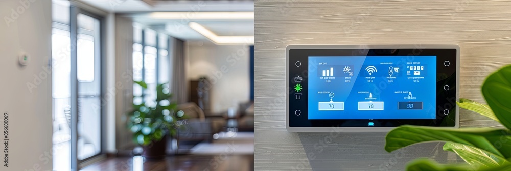 A sleek touchscreen panel mounted on a wall in a modern smart home. The screen displays home automation options such as climate control, security, and lighting. Generative AI A sleek touchscreen panel mounted on a wall in a modern smart home. The screen displays home automation options such as climate control, security, and lighting. Generative AI