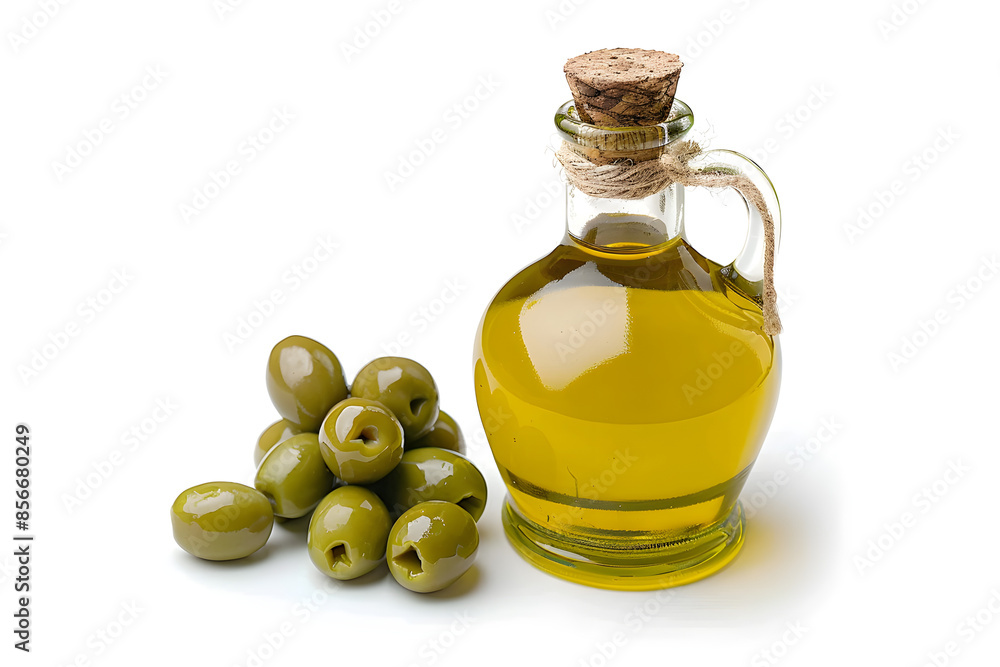 Fresh Extra Virgin Olive Oil and Green Olives on White Background Fresh Extra Virgin Olive Oil and Green Olives on White Background