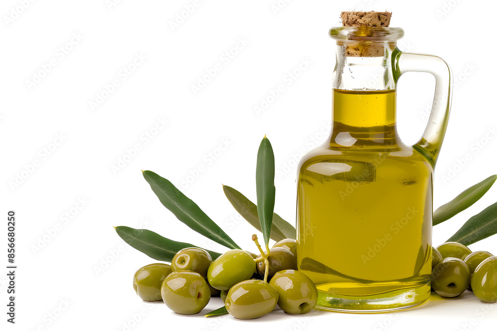 Fresh Extra Virgin Olive Oil and Green Olives on White Background Fresh Extra Virgin Olive Oil and Green Olives on White Background