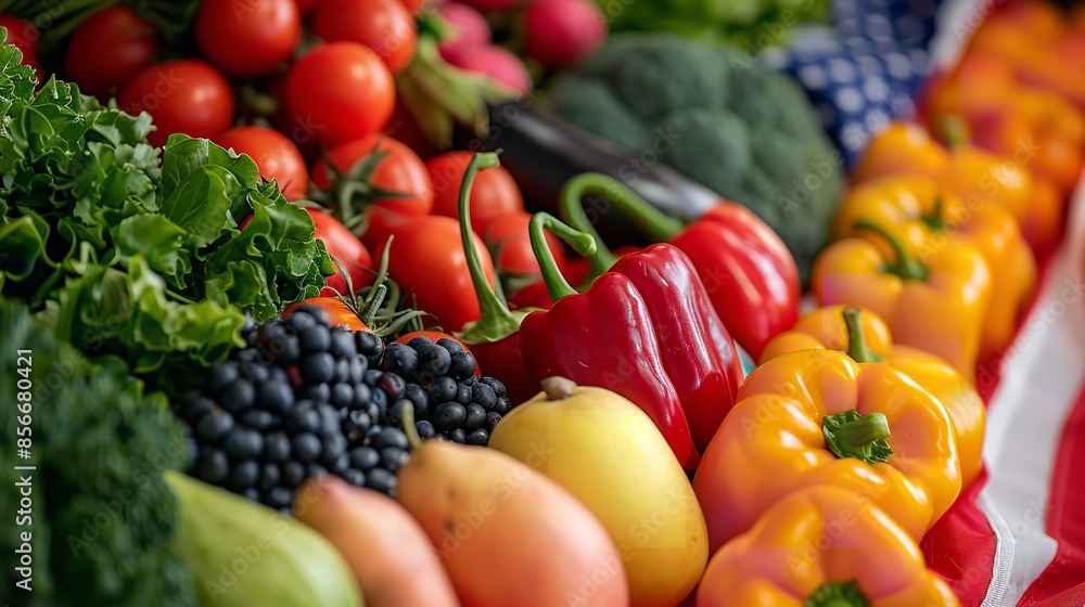 Abundant fruits and vegetables with an American flag Abundant fruits and vegetables with an American flag