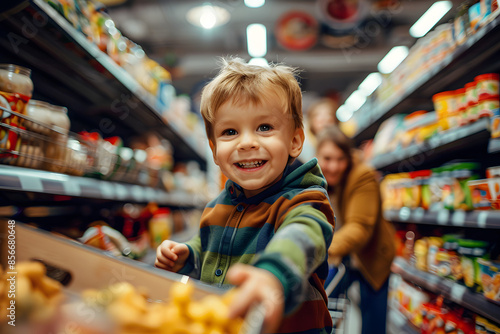 Happy Child Grocery Shopping with Family