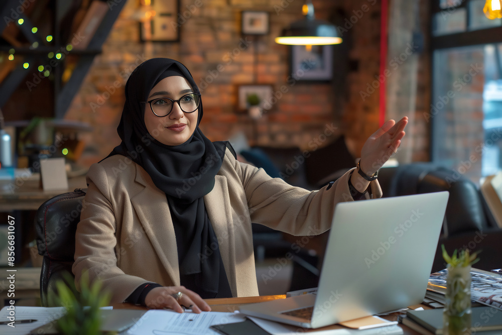 Smiling woman in a hijab working on a laptop in a stylish office with exposed brick walls and warm lighting, exuding confidence and professionalism Smiling woman in a hijab working on a laptop in a stylish office with exposed brick walls and warm lighting, exuding confidence and professionalism