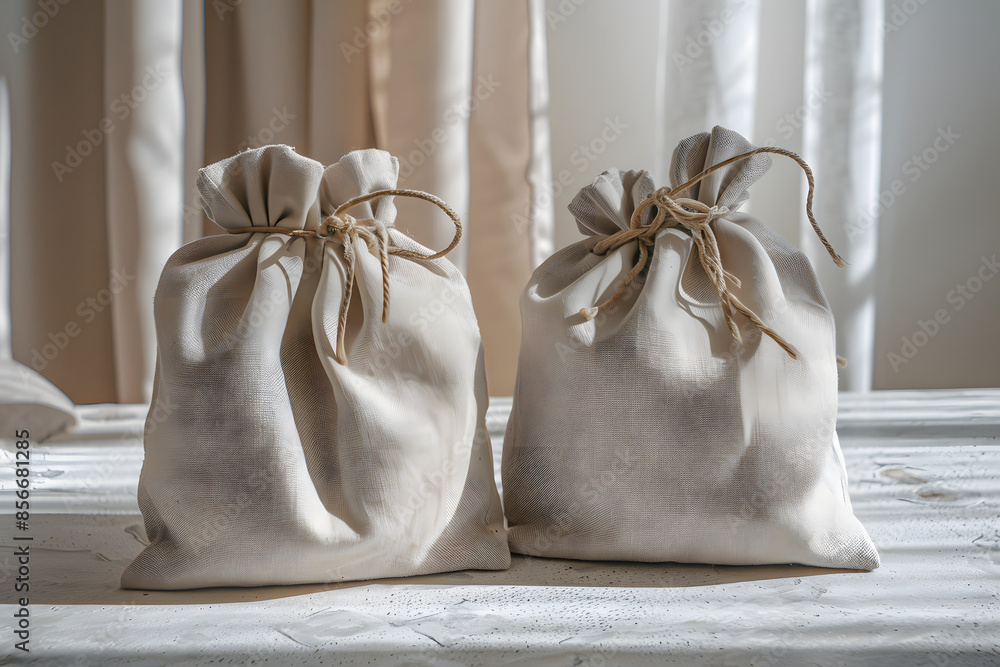 Two Drawstring Bags on Grey Textured Table Two Drawstring Bags on Grey Textured Table