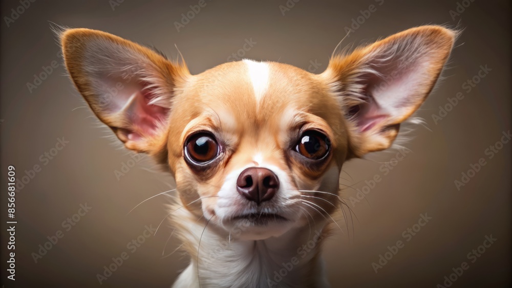 Adorable short-haired chihuahua dog's head portrait, showcasing big brown eyes, floppy ears, and a cute nose, on a neutral colored background. Adorable short-haired chihuahua dog's head portrait, showcasing big brown eyes, floppy ears, and a cute nose, on a neutral colored background.