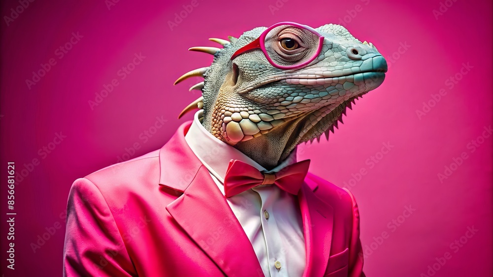 Amusing reptile sports pink suit, glasses, and confident demeanor, posing against vibrant pink and red backdrop, exuding whimsical sophistication. Amusing reptile sports pink suit, glasses, and confident demeanor, posing against vibrant pink and red backdrop, exuding whimsical sophistication.
