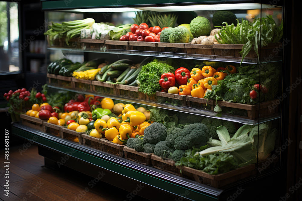 Shelves with fresh vegetables and fruits in large refrigerator Shelves with fresh vegetables and fruits in large refrigerator