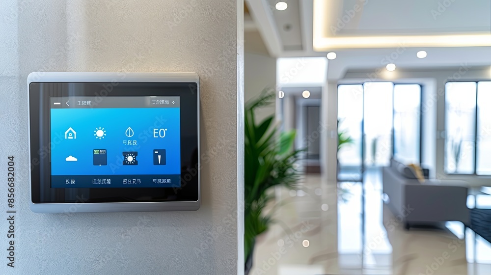 In a modern smart home, a touchscreen control panel on the wall shows icons for lighting, security, and climate controls for easy automation. Generative AI In a modern smart home, a touchscreen control panel on the wall shows icons for lighting, security, and climate controls for easy automation. Generative AI