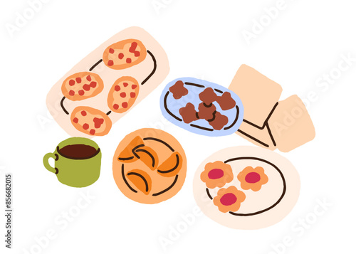 Tea cup, desserts. Sweet snack, biscuits, home cooked cookies, yummy treats, bakery, sugar pastries. Coffee mug and comfort food composition. Flat vector illustration isolated on white background