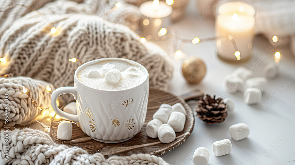 Cozy Home Decor Still Life with Coffee Cup, Marshmallows, Wooden Candle, Christmas Lights, Sweater on White Background - Warm Holiday Atmosphere in Rustic Interior Cozy Home Decor Still Life with Coffee Cup, Marshmallows, Wooden Candle, Christmas Lights, Sweater on White Background - Warm Holiday Atmosphere in Rustic Interior