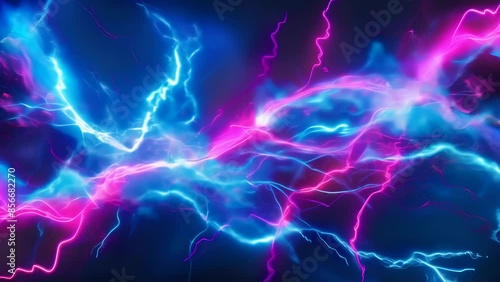 Vibrant streams of pink and blue neon lights intertwine against a dark background. Electric energy flows dynamically, creating a sense of movement and intensity.	